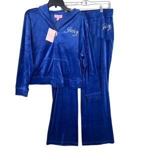 Juicy Couture Tracksuit Women 1X Blue Velour Rhinestone Hoodie Pant Set NWT $199
